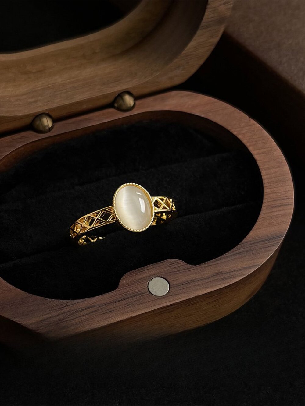 Gold Cat Eye Open Ring Adjustable Vintage Style Statement Ring